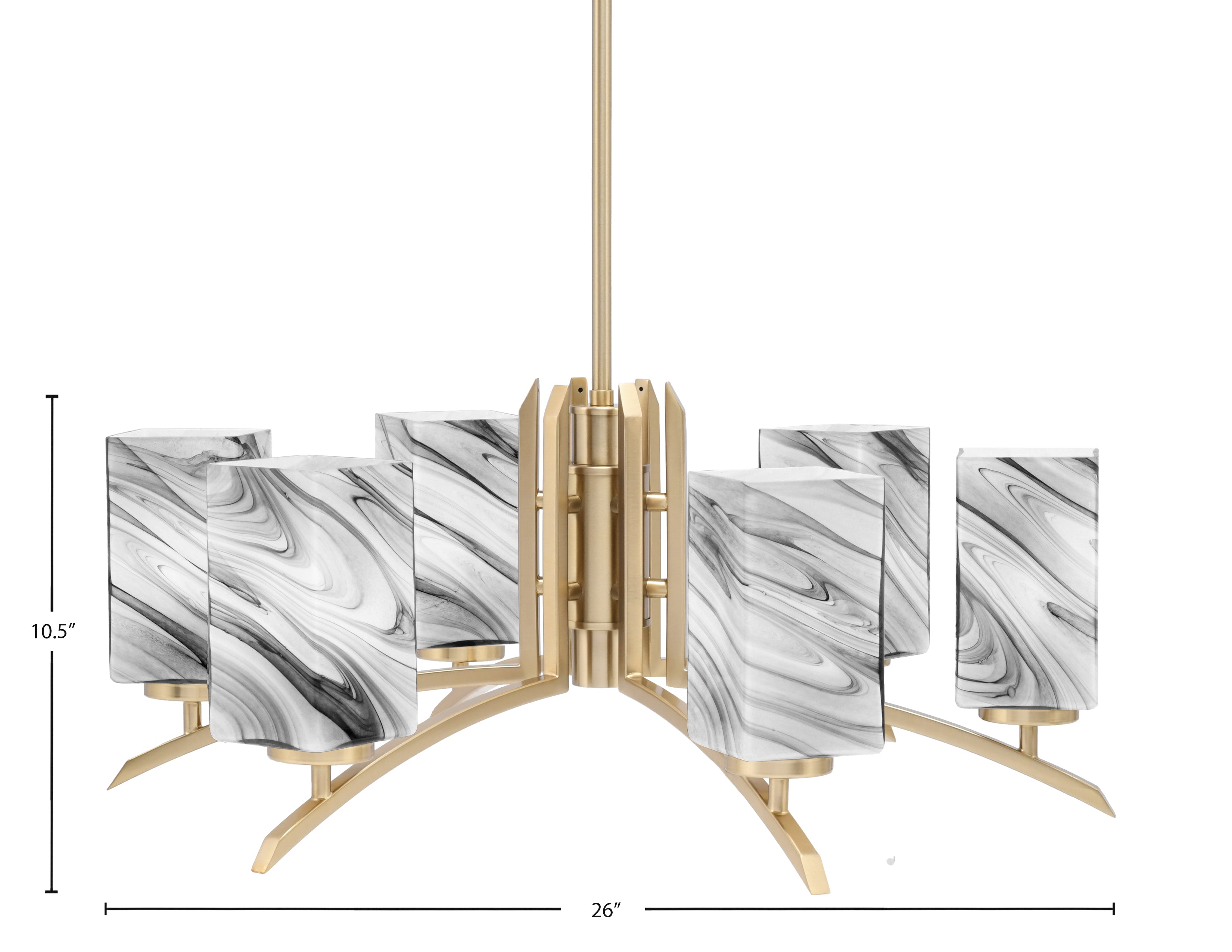 Kurve Six Light Chandelier in New Age Brass with Square Onyx Swirl Shade