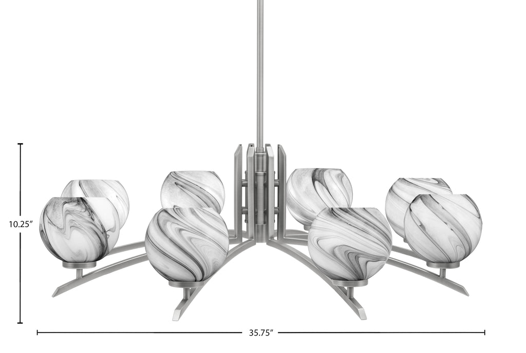 Kurve Eight Light Chandelier in Graphite with Onyx Swirl Shade