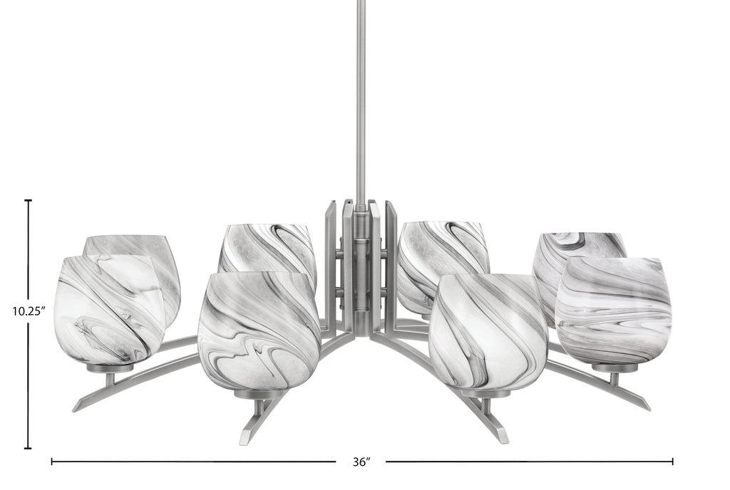 Kurve Eight Light Chandelier in Graphite with Onyx Swirl Shade