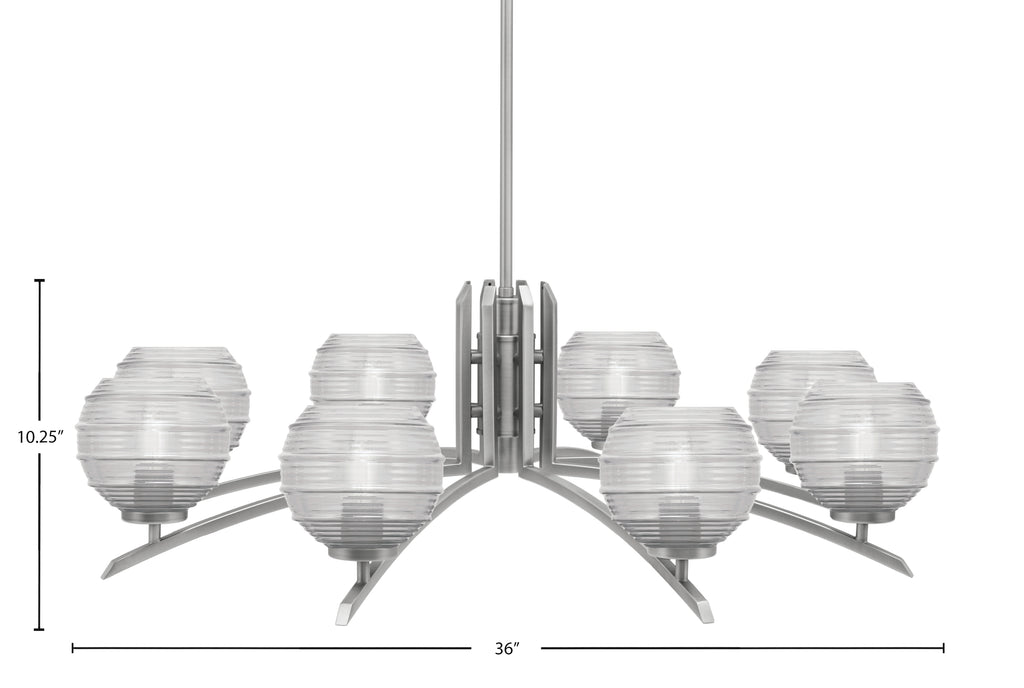 Kurve Eight Light Chandelier in Graphite with Clear Ribbed Shade