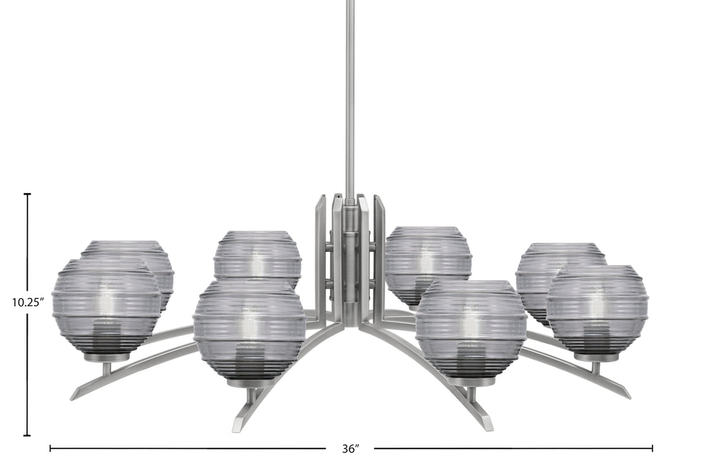 Kurve Eight Light Chandelier in Graphite with Smoke Ribbed Shade
