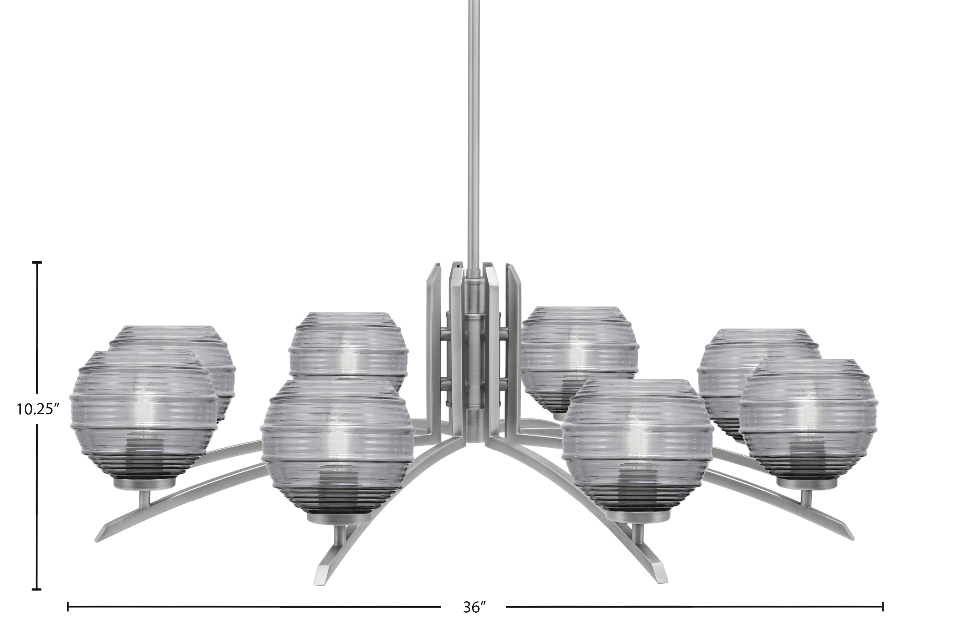 Kurve Eight Light Chandelier in Graphite with Smoke Ribbed Shade