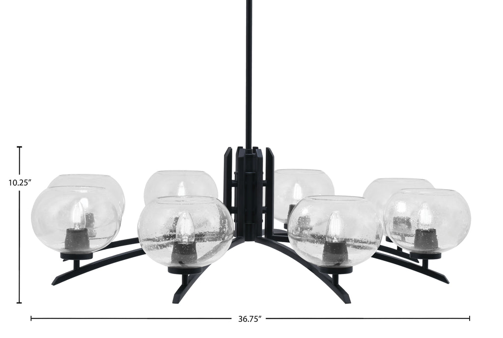 Kurve Eight Light Chandelier in Matte Black with 7" Clear Bubble Shade