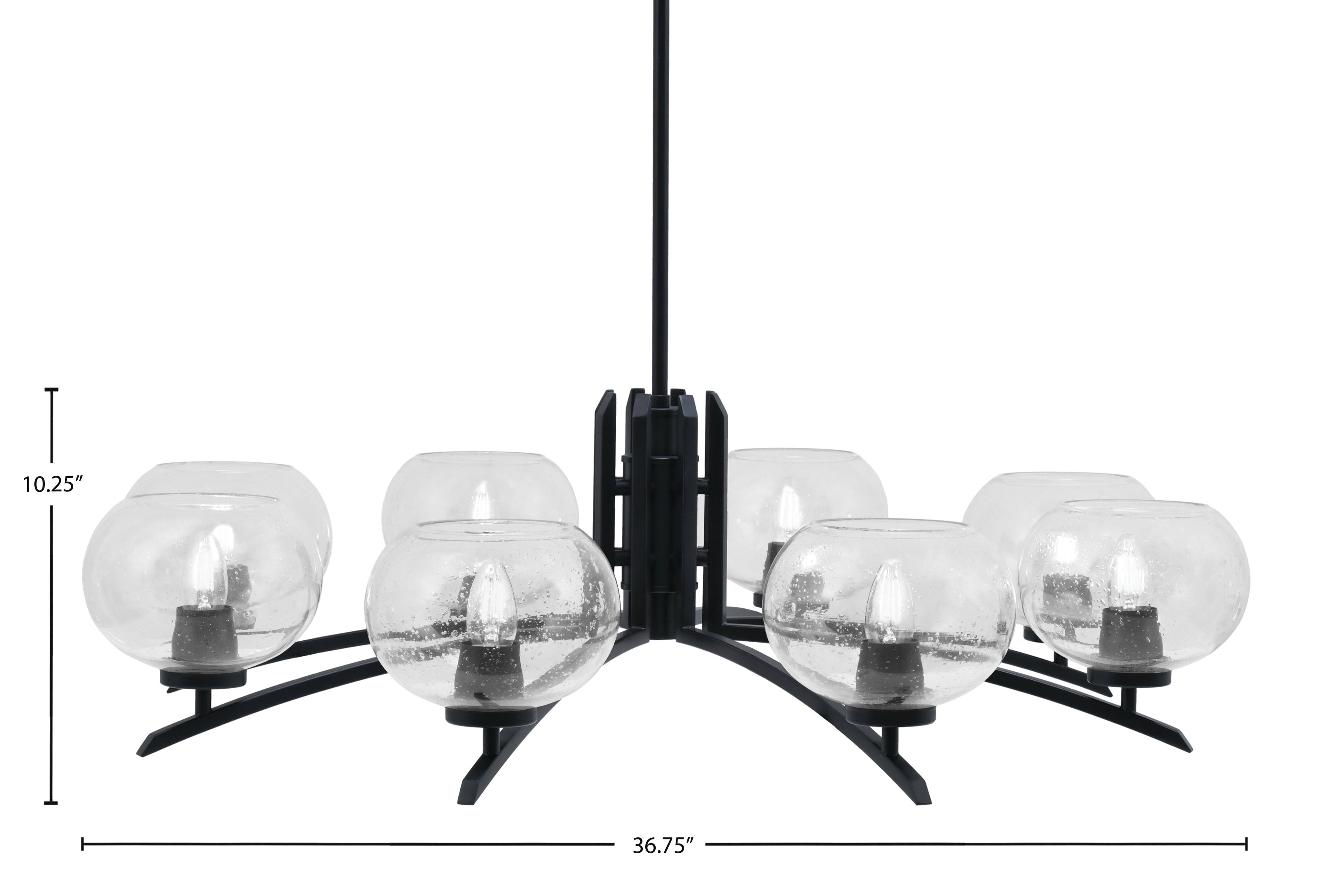 Kurve Eight Light Chandelier in Matte Black with 7" Clear Bubble Shade