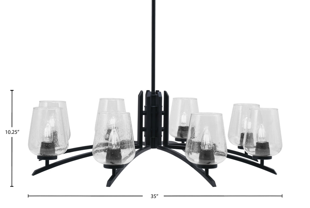 Kurve Eight Light Chandelier in Matte Black with 5" Clear Bubble Shade
