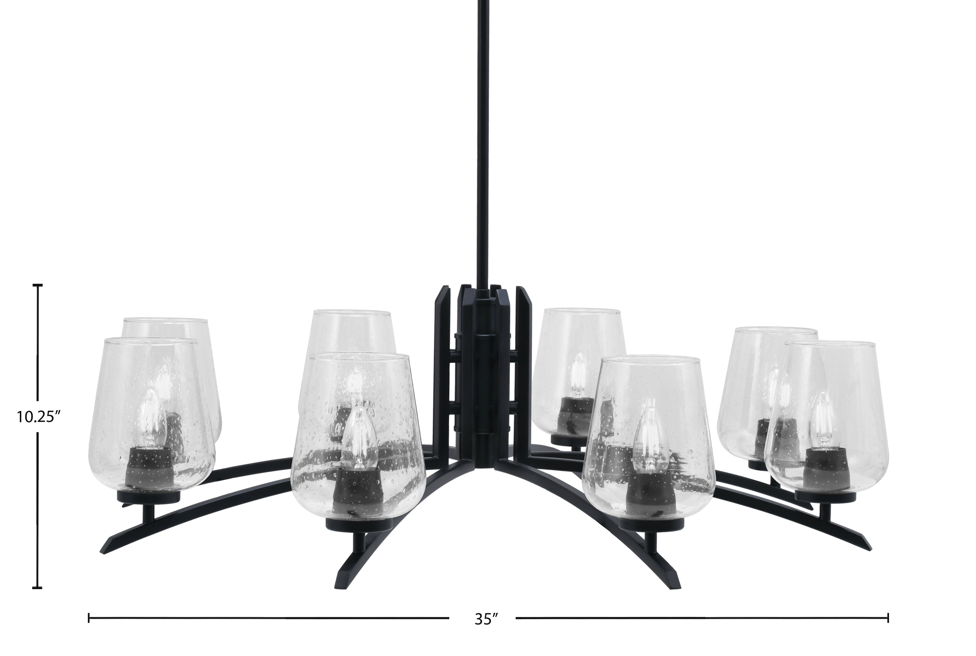 Kurve Eight Light Chandelier in Matte Black with 5" Clear Bubble Shade