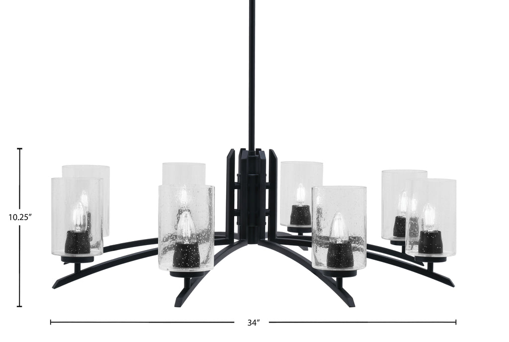 Kurve Eight Light Chandelier in Matte Black with 4" Clear Bubble Shade