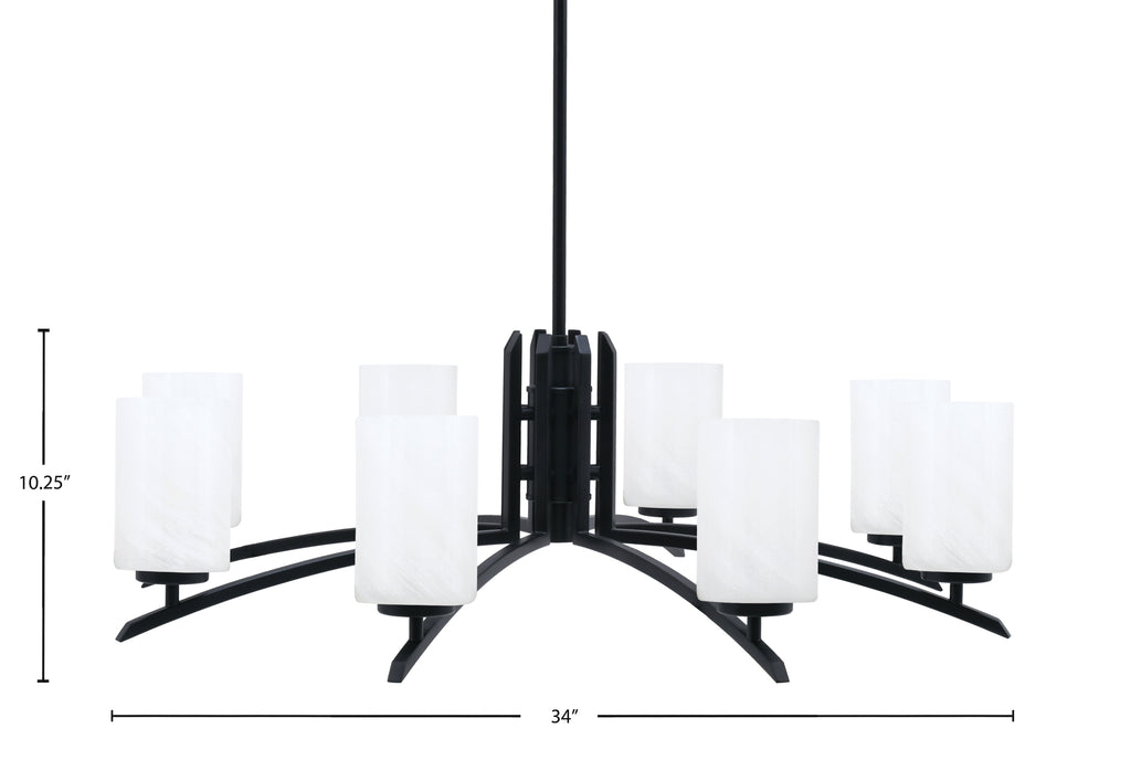 Kurve Eight Light Chandelier in Matte Black with 4" White Marble Shade