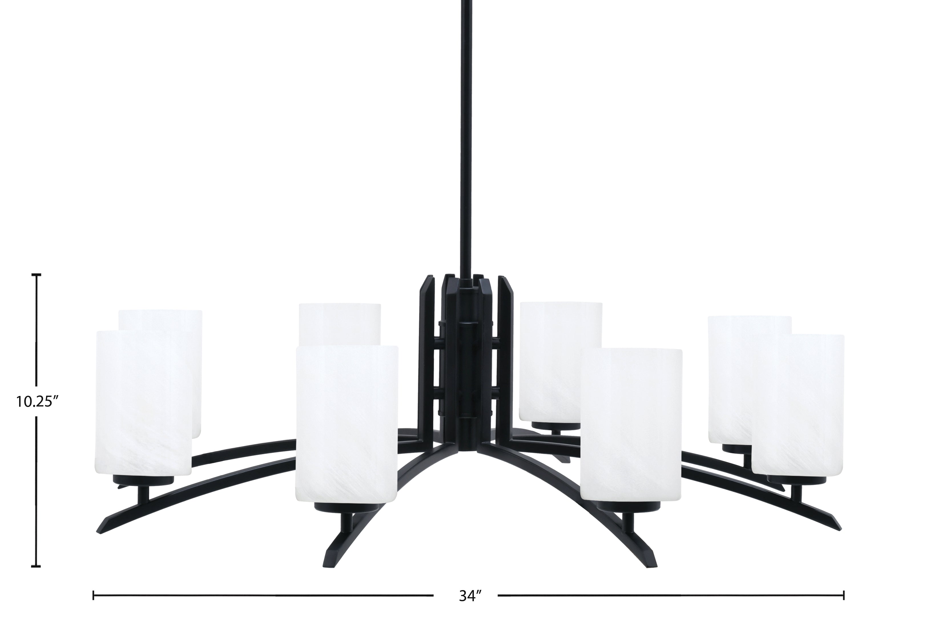 Kurve Eight Light Chandelier in Matte Black with 4" White Marble Shade