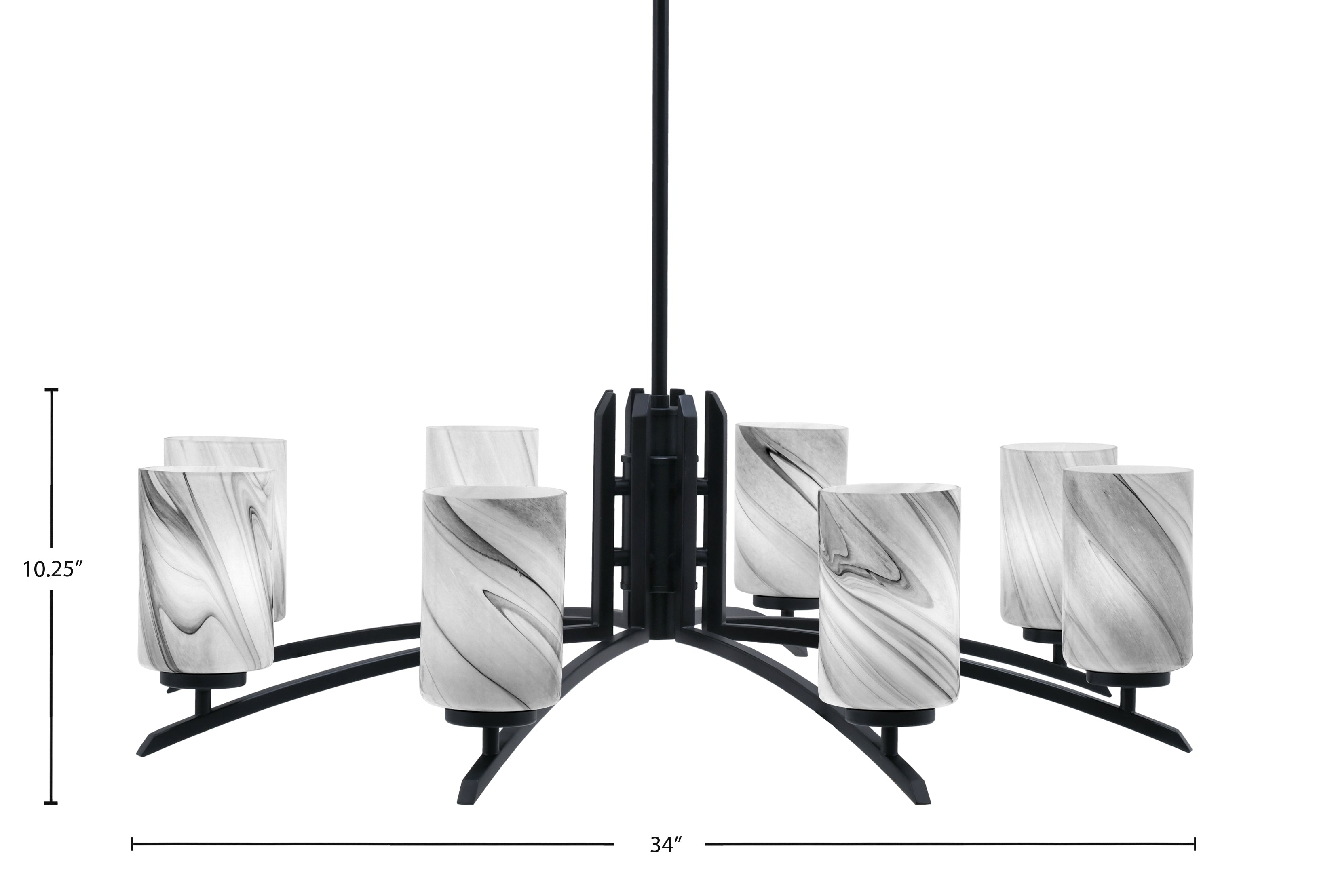 Kurve Eight Light Chandelier in Matte Black with 4" Onyx Swirl Shade