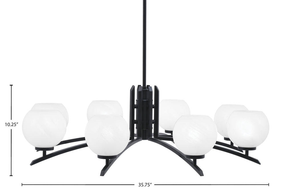 Kurve Eight Light Chandelier in Matte Black with 5.75" White Marble Shade