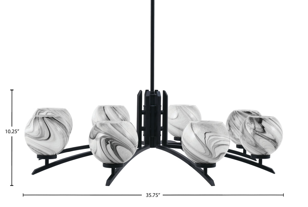 Kurve Eight Light Chandelier in Matte Black with 5.75" Onyx Swirl Shade
