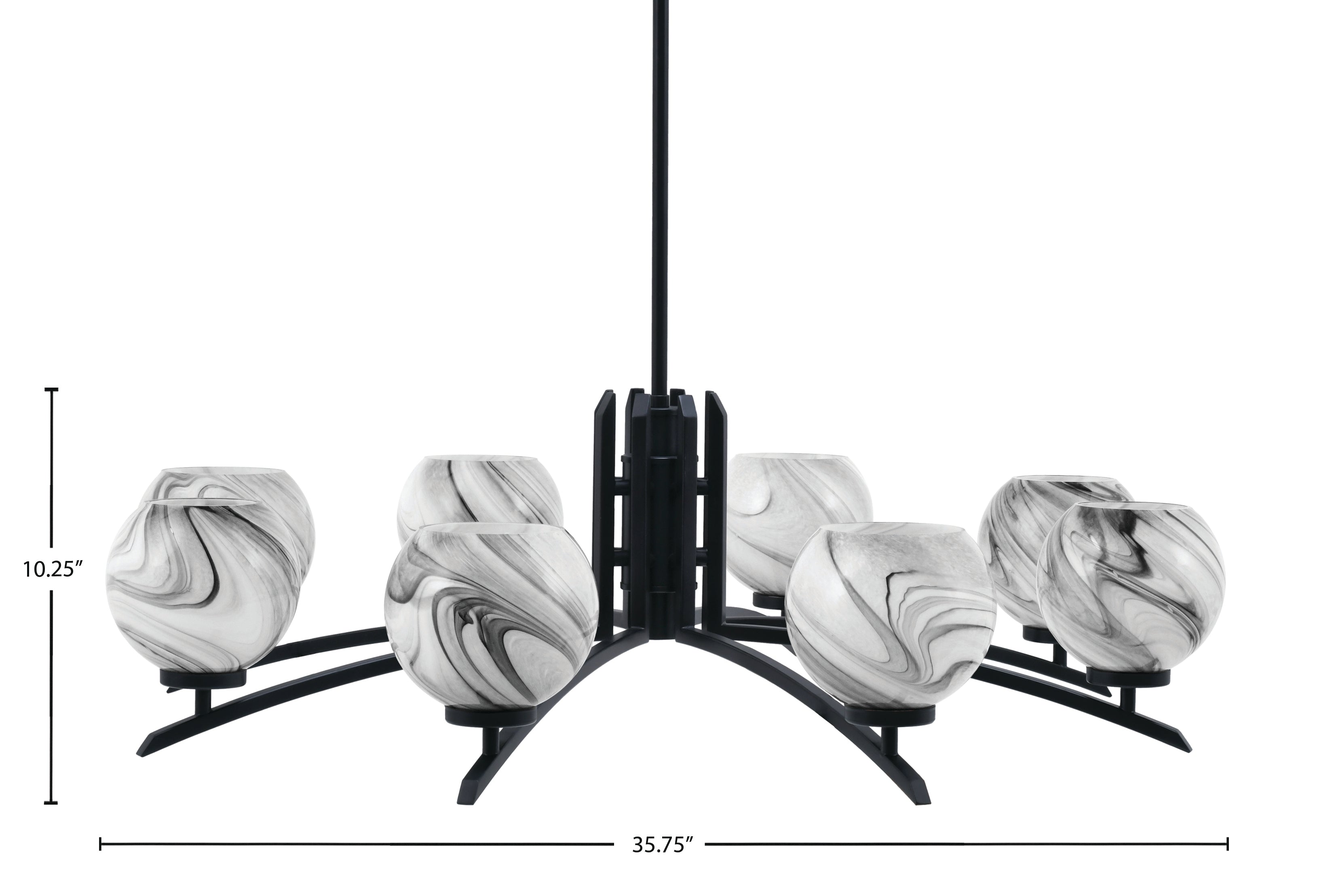 Kurve Eight Light Chandelier in Matte Black with 5.75" Onyx Swirl Shade