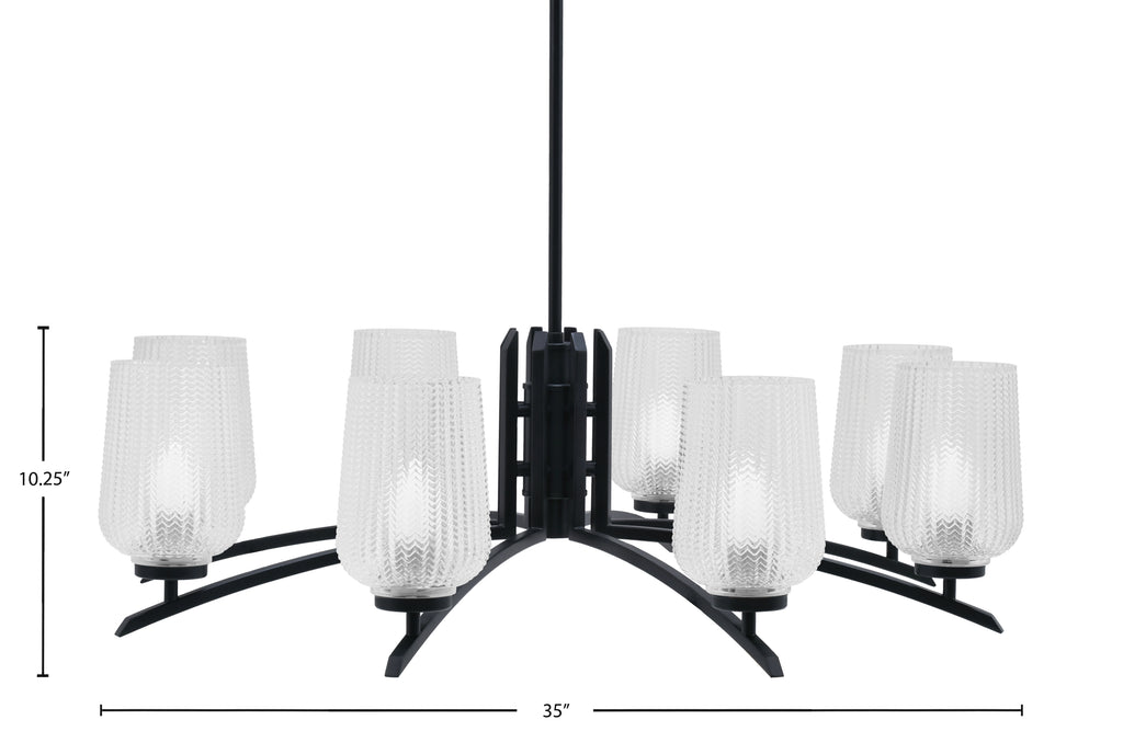Kurve Eight Light Chandelier in Matte Black with 5" Clear Textured Shade