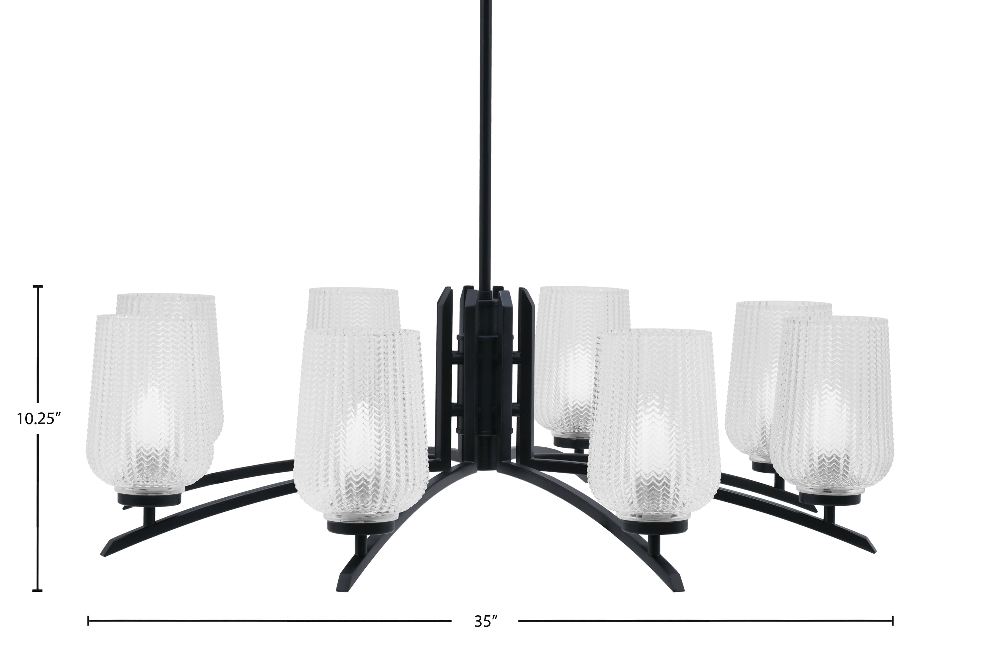 Kurve Eight Light Chandelier in Matte Black with 5" Clear Textured Shade