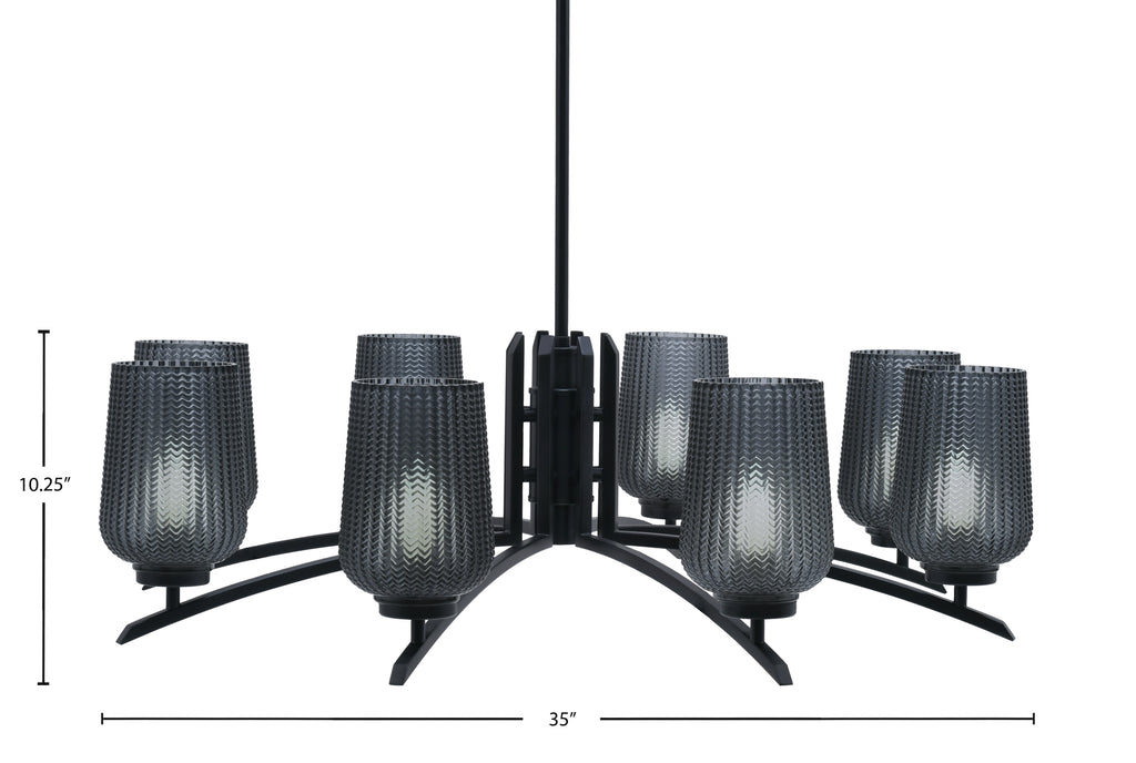 Kurve Eight Light Chandelier in Matte Black with 5" Smoke Textured Shade