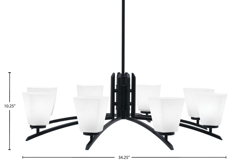 Kurve Eight Light Chandelier in Matte Black with 4.5" Square White Muslin Shade
