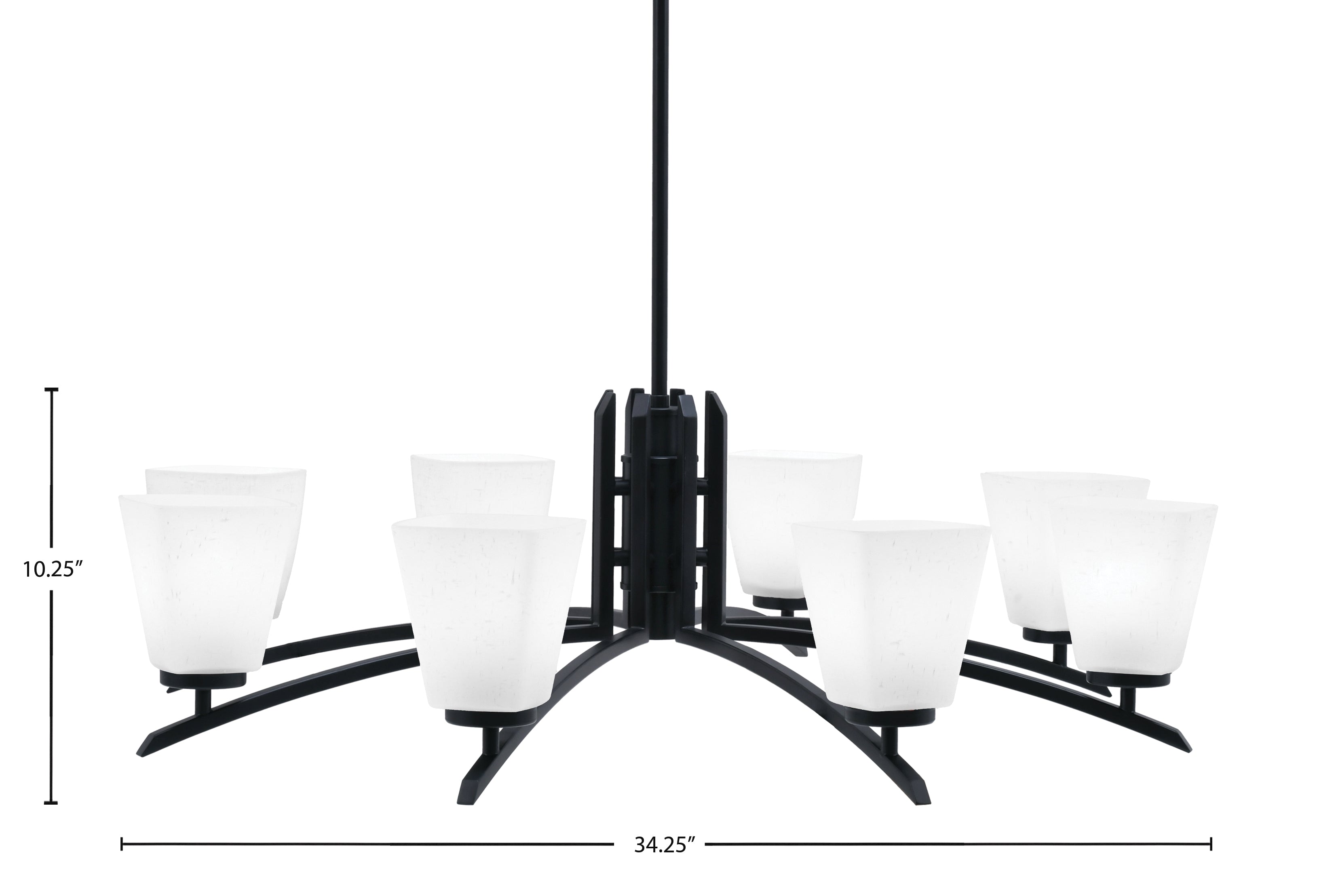 Kurve Eight Light Chandelier in Matte Black with 4.5" Square White Muslin Shade