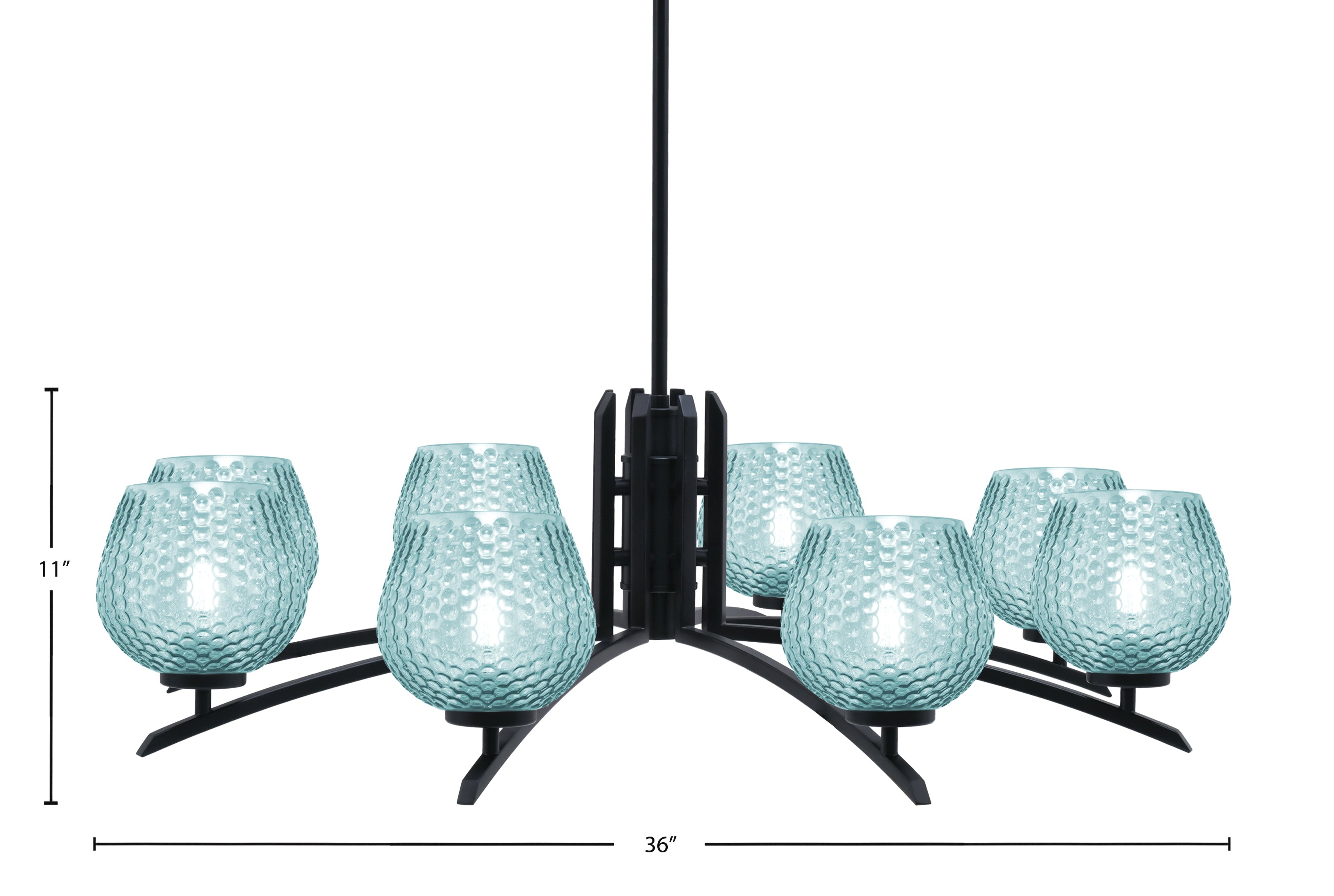 Kurve Eight Light Chandelier in Matte Black with 6" Turquoise Textured Shade
