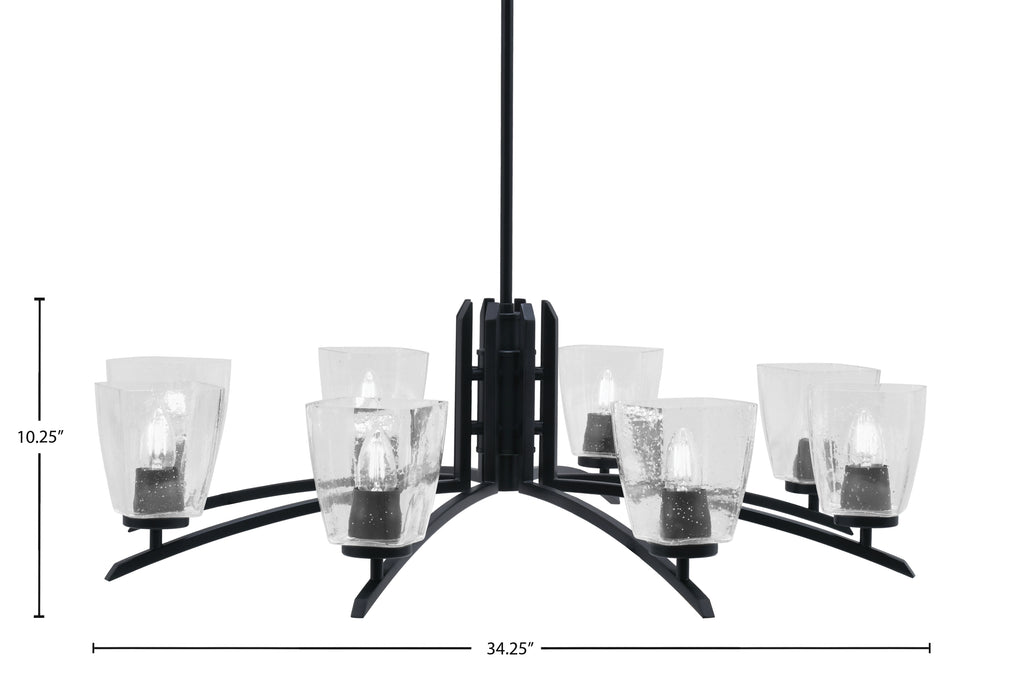 Kurve Eight Light Chandelier in Matte Black with 4.5" Square Clear Bubble Shade
