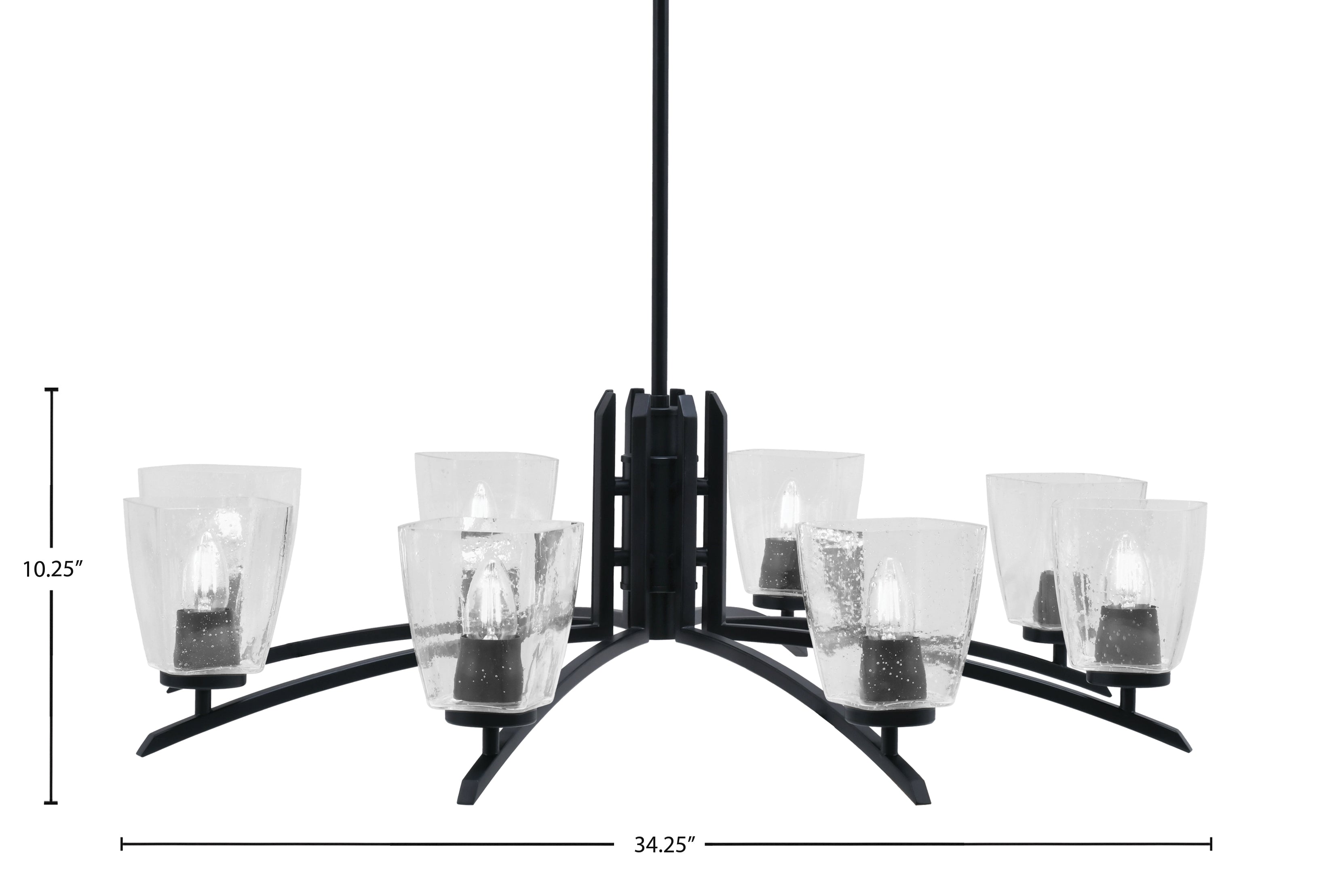 Kurve Eight Light Chandelier in Matte Black with 4.5" Square Clear Bubble Shade