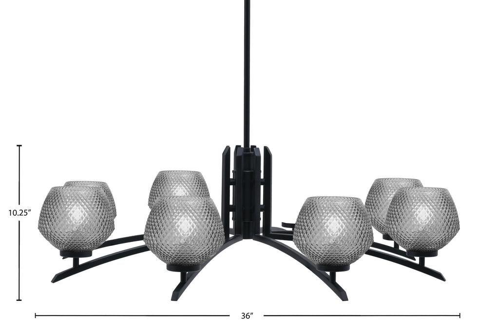 Kurve Eight Light Chandelier in Matte Black with 6" Smoke Textured Shade
