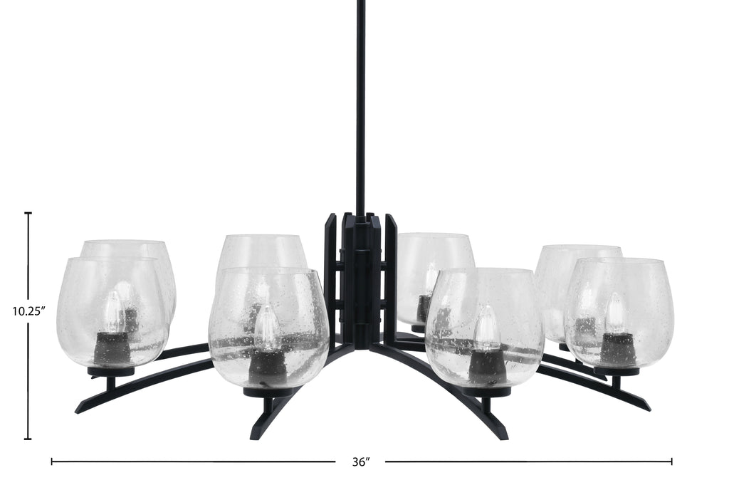 Kurve Eight Light Chandelier in Matte Black with 6" Clear Bubble Shade