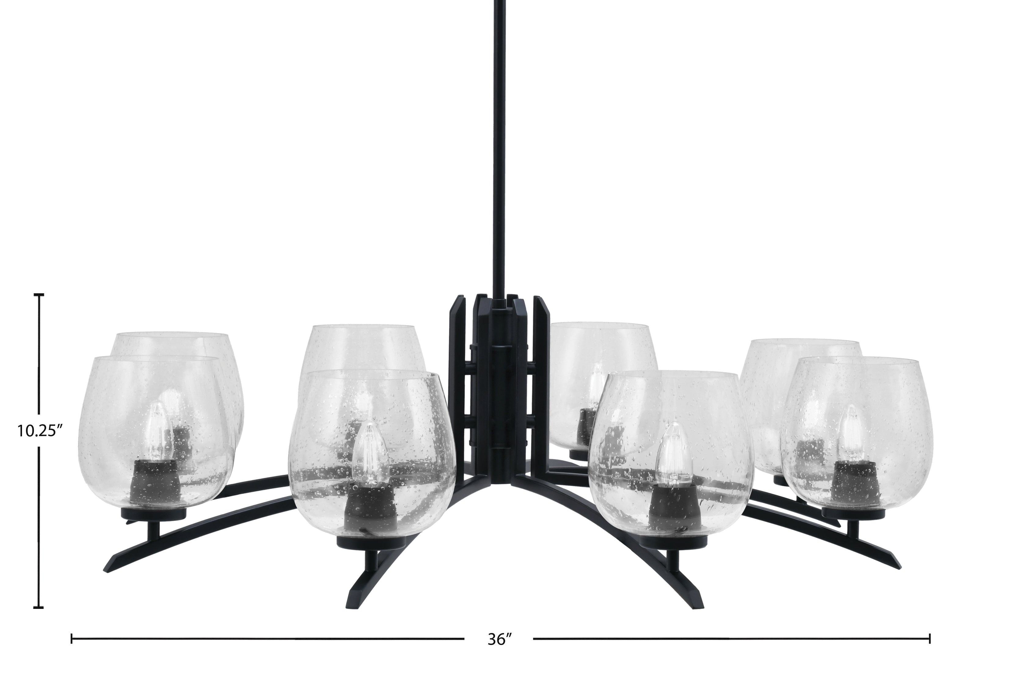 Kurve Eight Light Chandelier in Matte Black with 6" Clear Bubble Shade