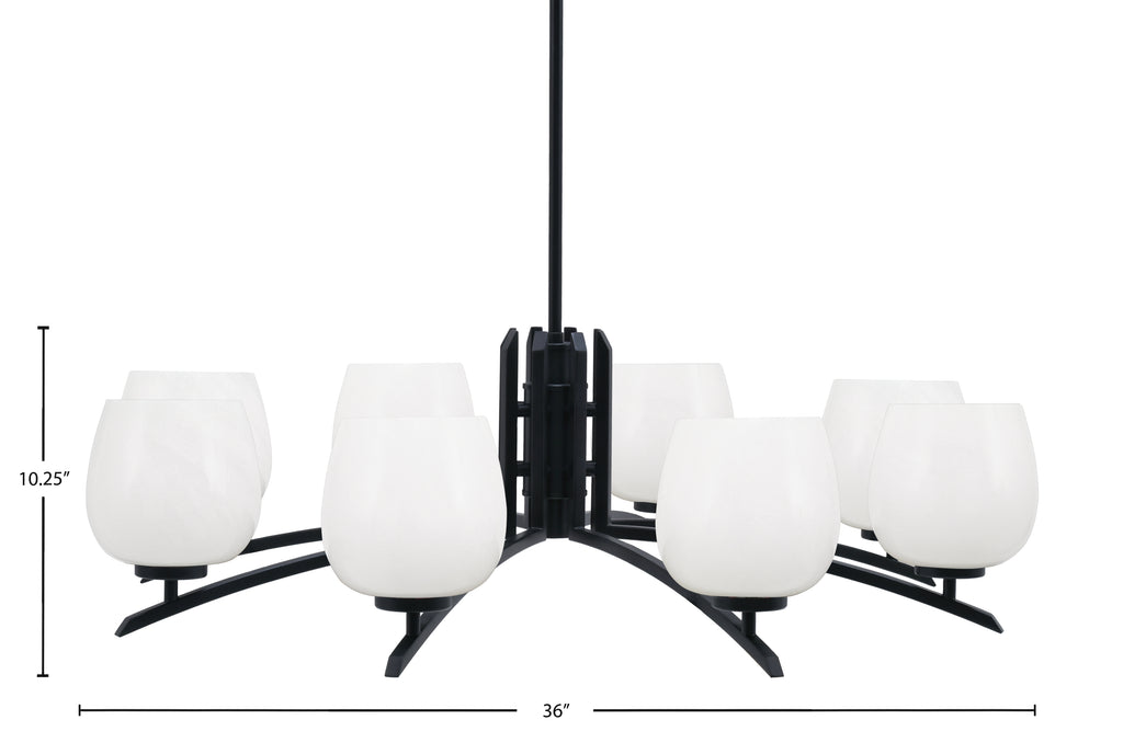 Kurve Eight Light Chandelier in Matte Black with 6" White Marble Shade