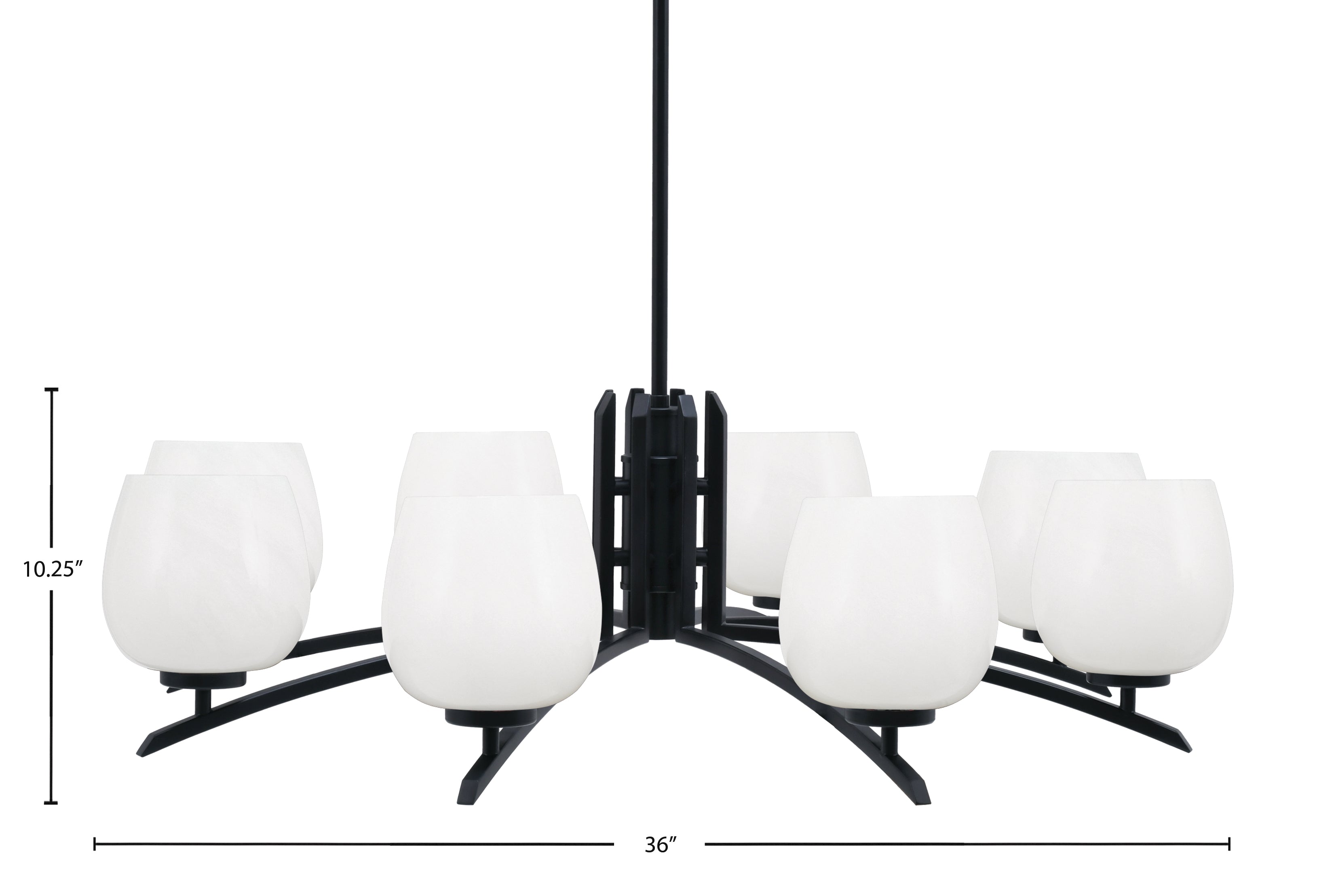 Kurve Eight Light Chandelier in Matte Black with 6" White Marble Shade