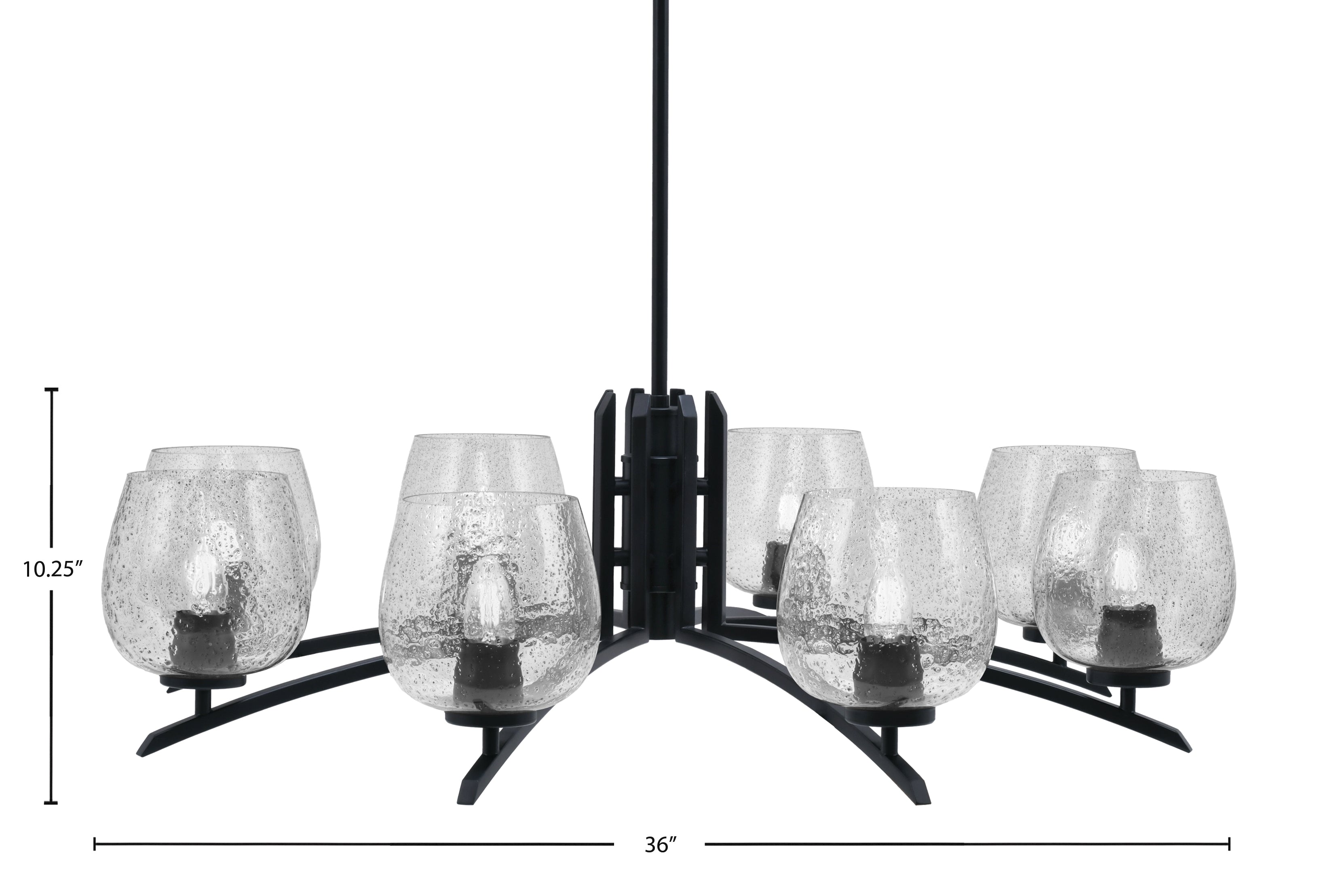 Kurve Eight Light Chandelier in Matte Black with 6" Smoke Bubble Shade
