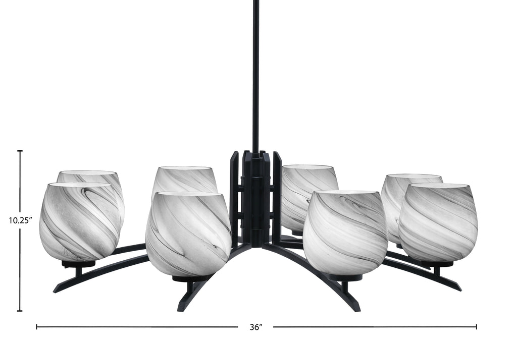 Kurve Eight Light Chandelier in Matte Black with 6" Onyx Swirl Shade