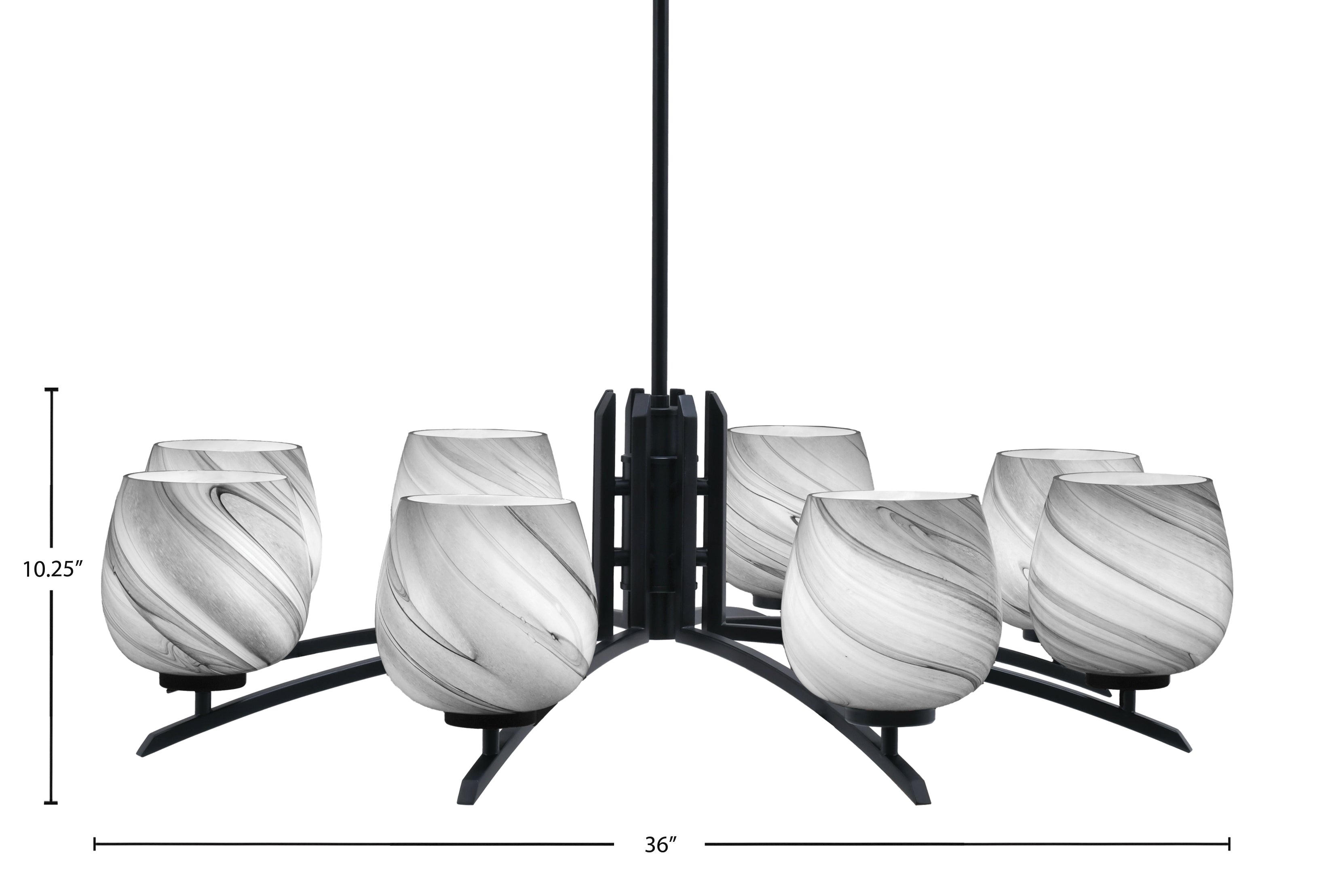 Kurve Eight Light Chandelier in Matte Black with 6" Onyx Swirl Shade