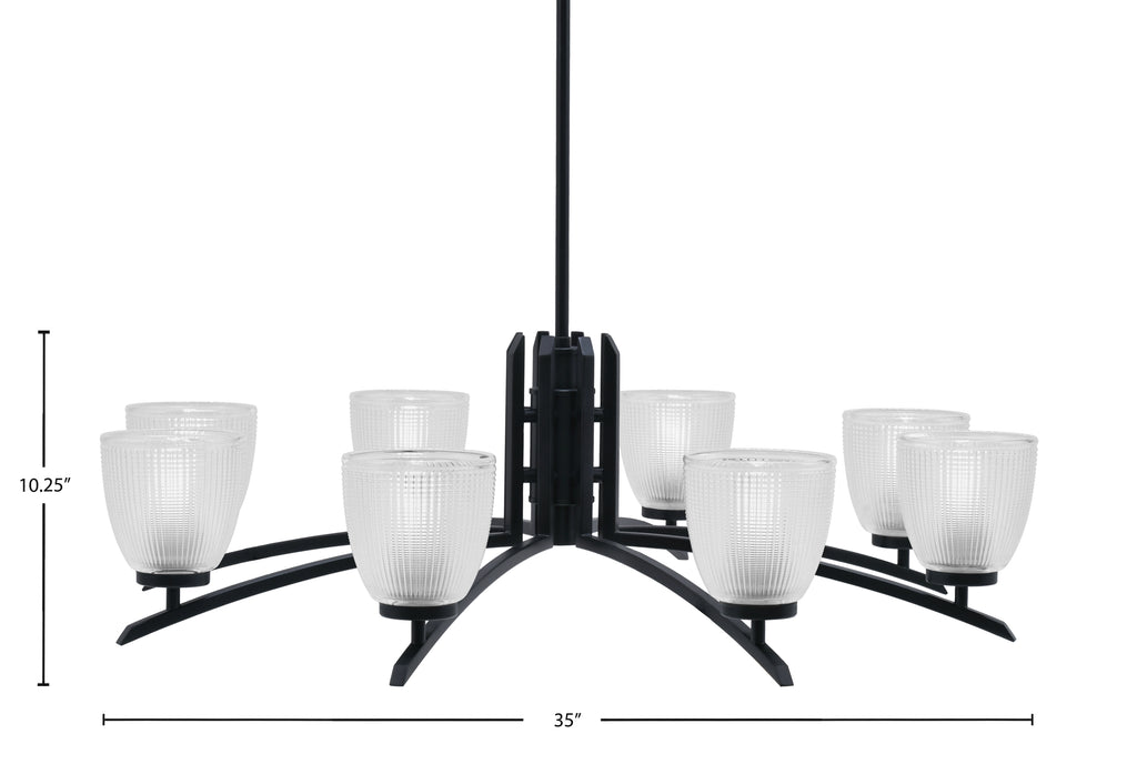 Kurve Eight Light Chandelier in Matte Black with 5" Clear Ribbed Shade