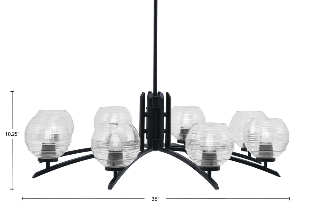 Kurve Eight Light Chandelier in Matte Black with 6" Clear Ribbed Shade