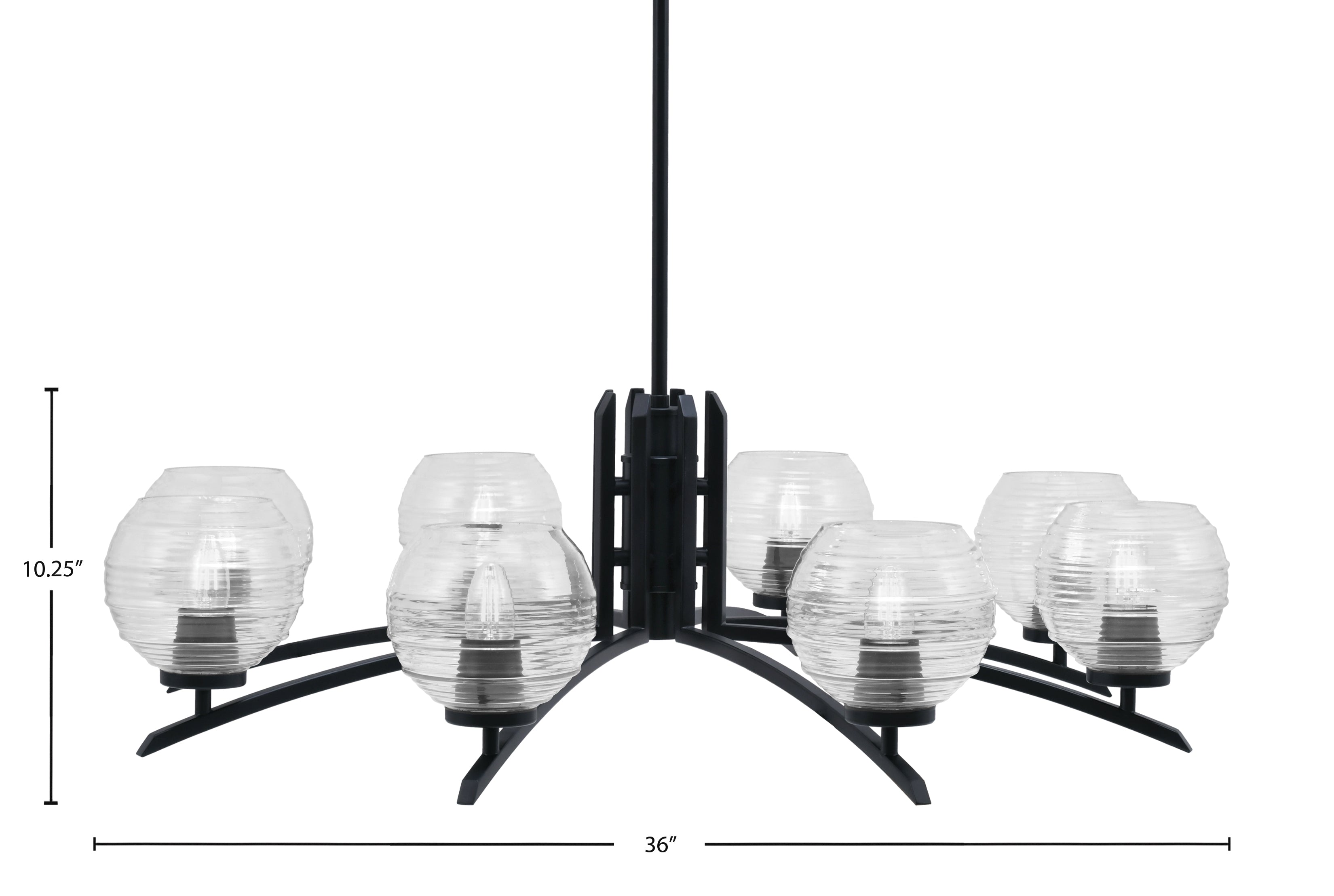 Kurve Eight Light Chandelier in Matte Black with 6" Clear Ribbed Shade