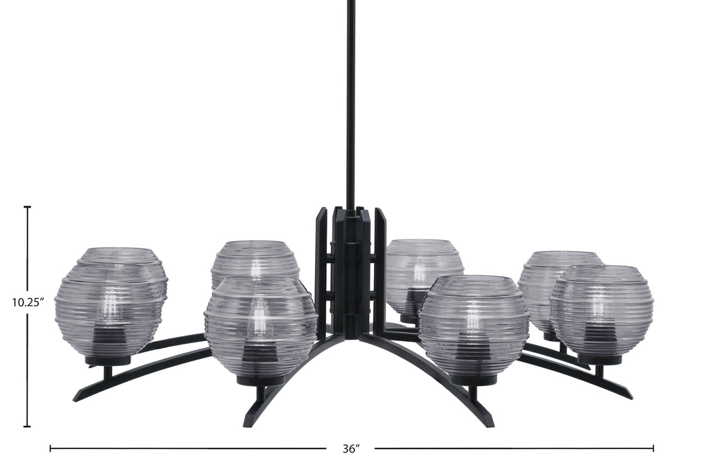 Kurve Eight Light Chandelier in Matte Black with 6" Smoke Ribbed Shade