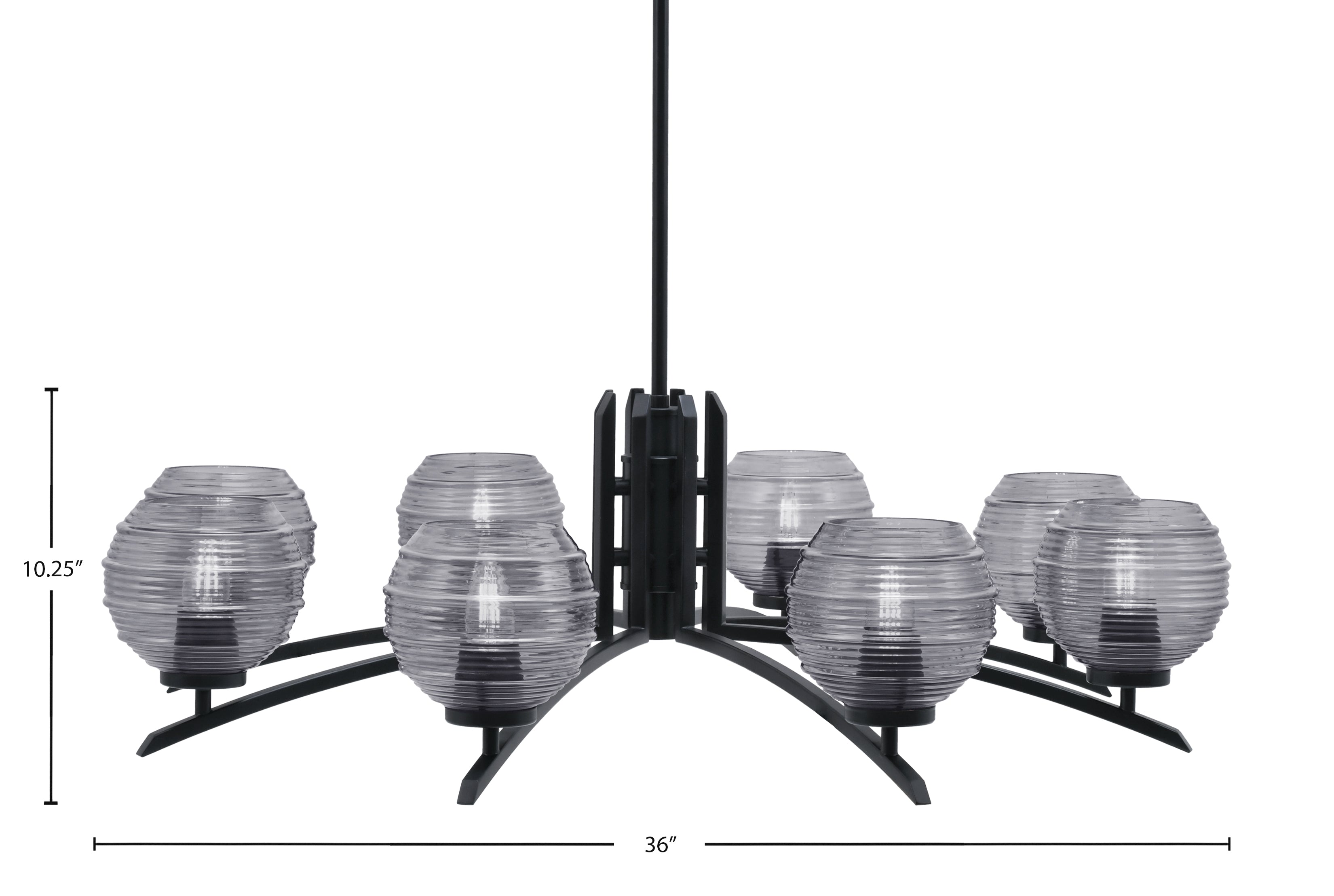 Kurve Eight Light Chandelier in Matte Black with 6" Smoke Ribbed Shade