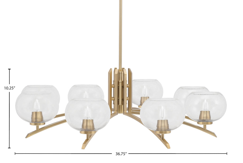 Kurve Eight Light Chandelier in New Age Brass with Clear Bubble Shade