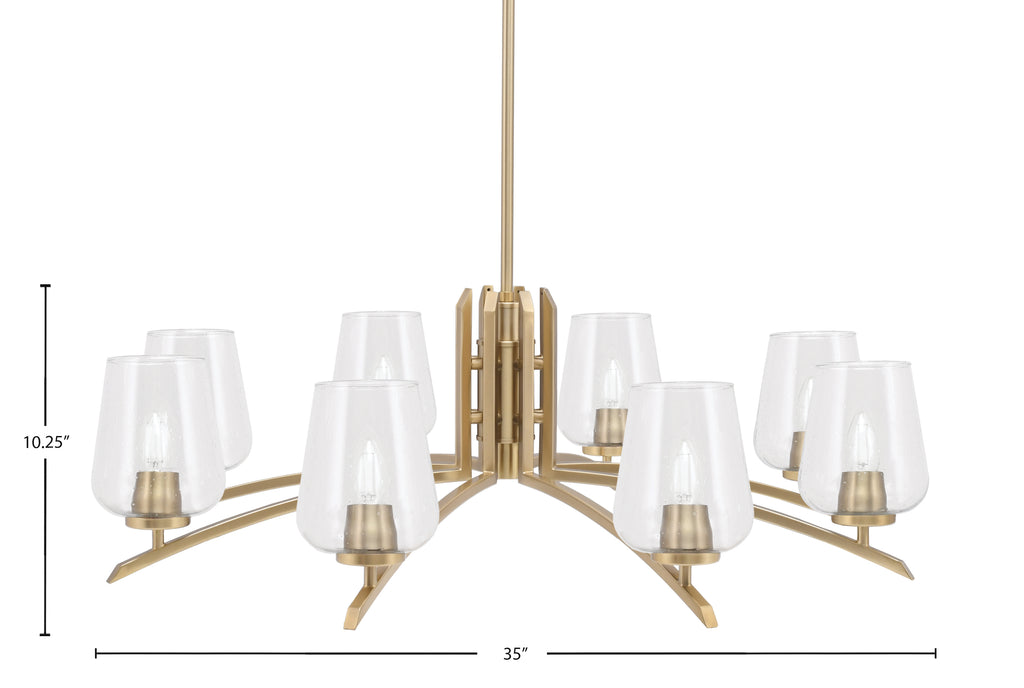 Kurve Eight Light Chandelier in New Age Brass with Clear Bubble Shade