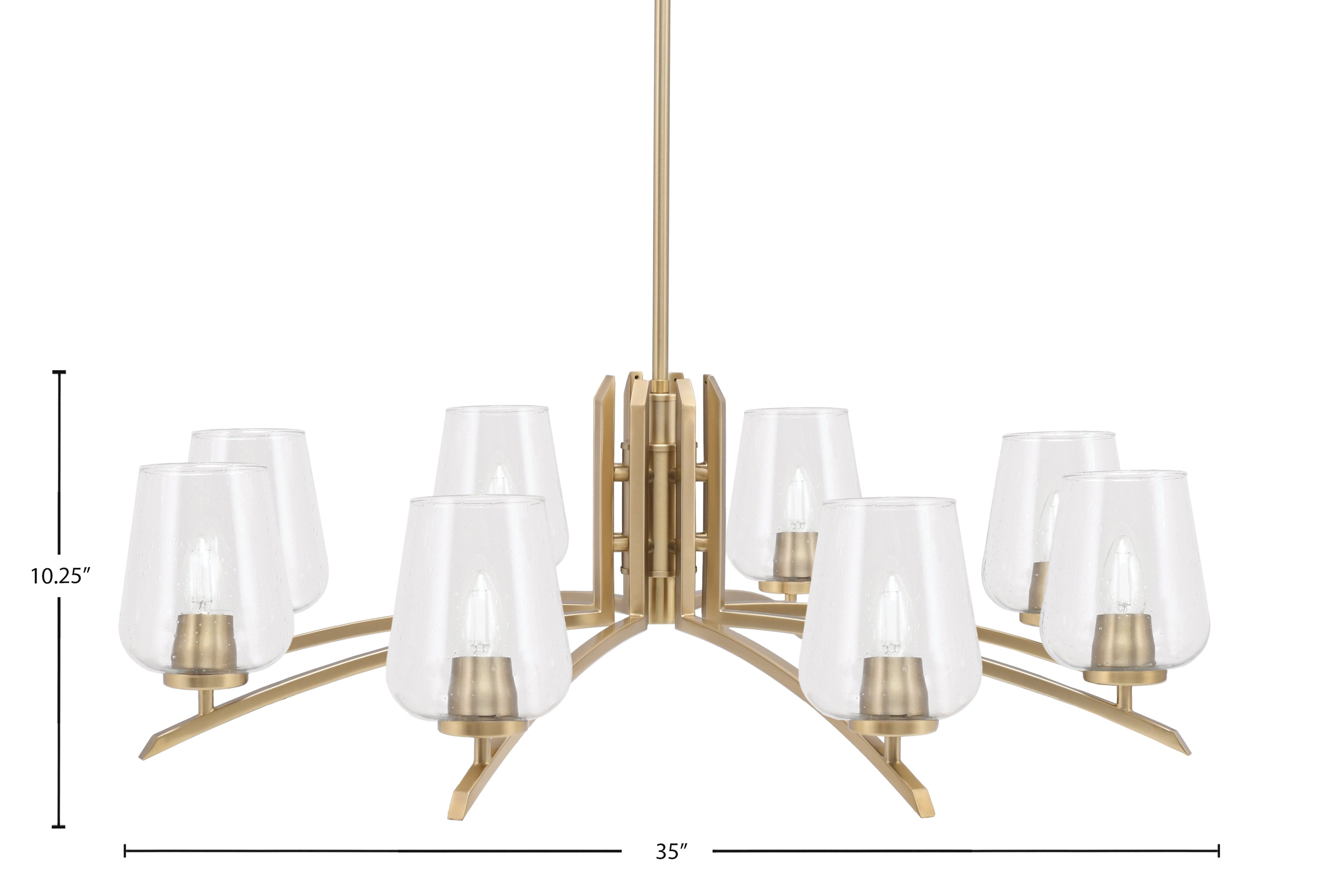 Kurve Eight Light Chandelier in New Age Brass with Clear Bubble Shade