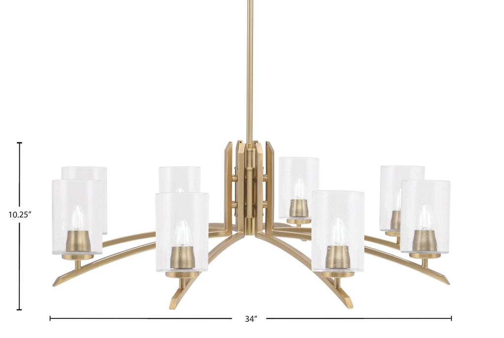 Kurve Eight Light Chandelier in New Age Brass with Clear Bubble Shade