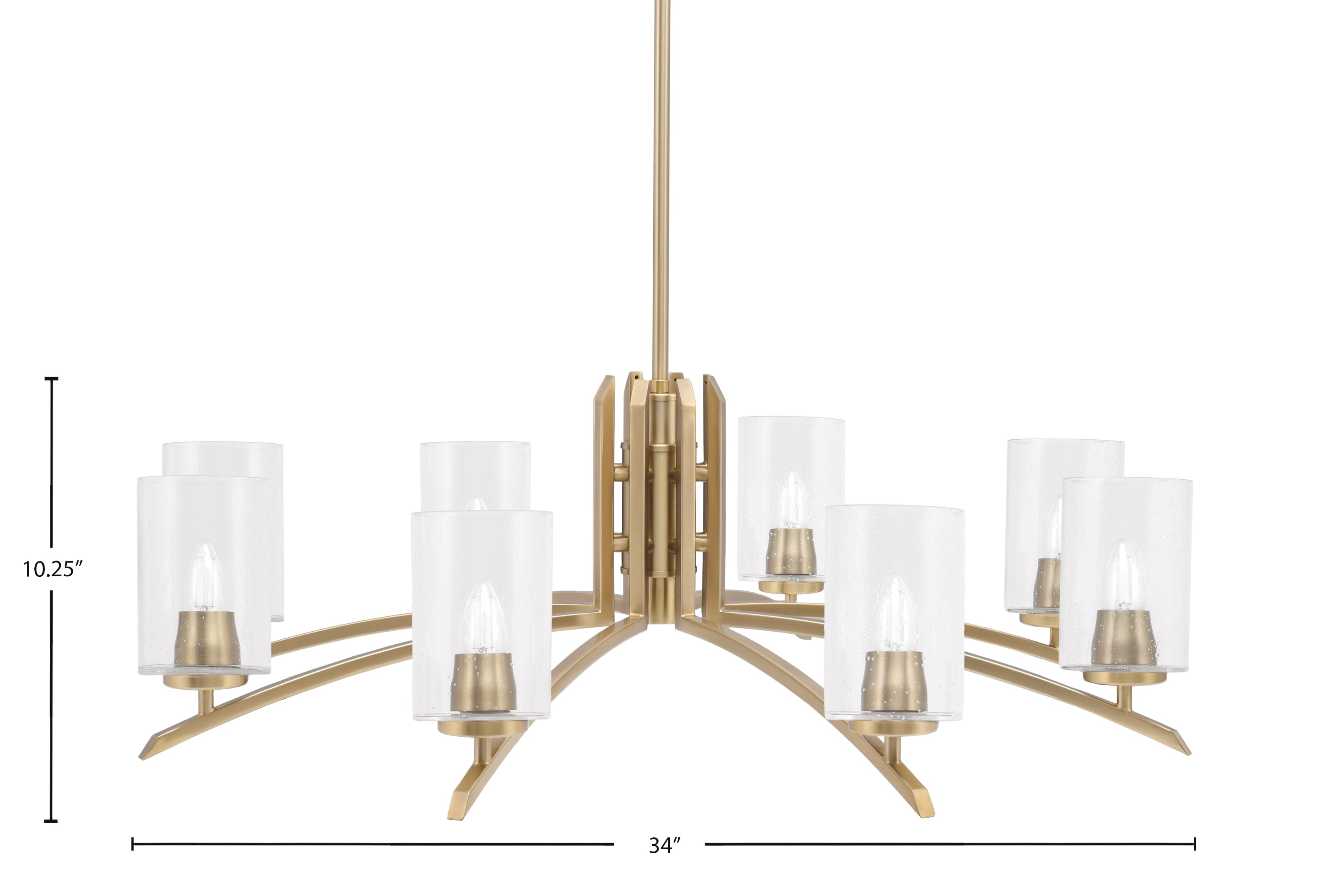 Kurve Eight Light Chandelier in New Age Brass with Clear Bubble Shade