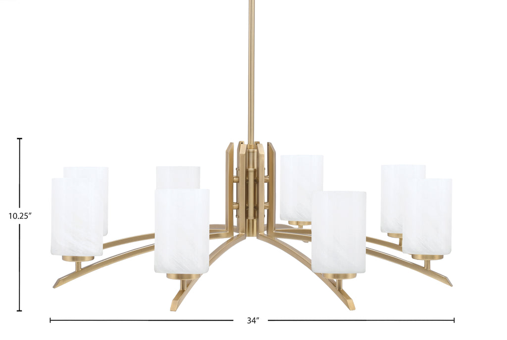 Kurve Eight Light Chandelier in New Age Brass with White Marble Shade