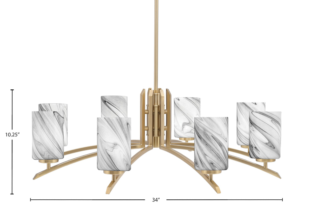 Kurve Eight Light Chandelier in New Age Brass with Onyx Swirl Shade