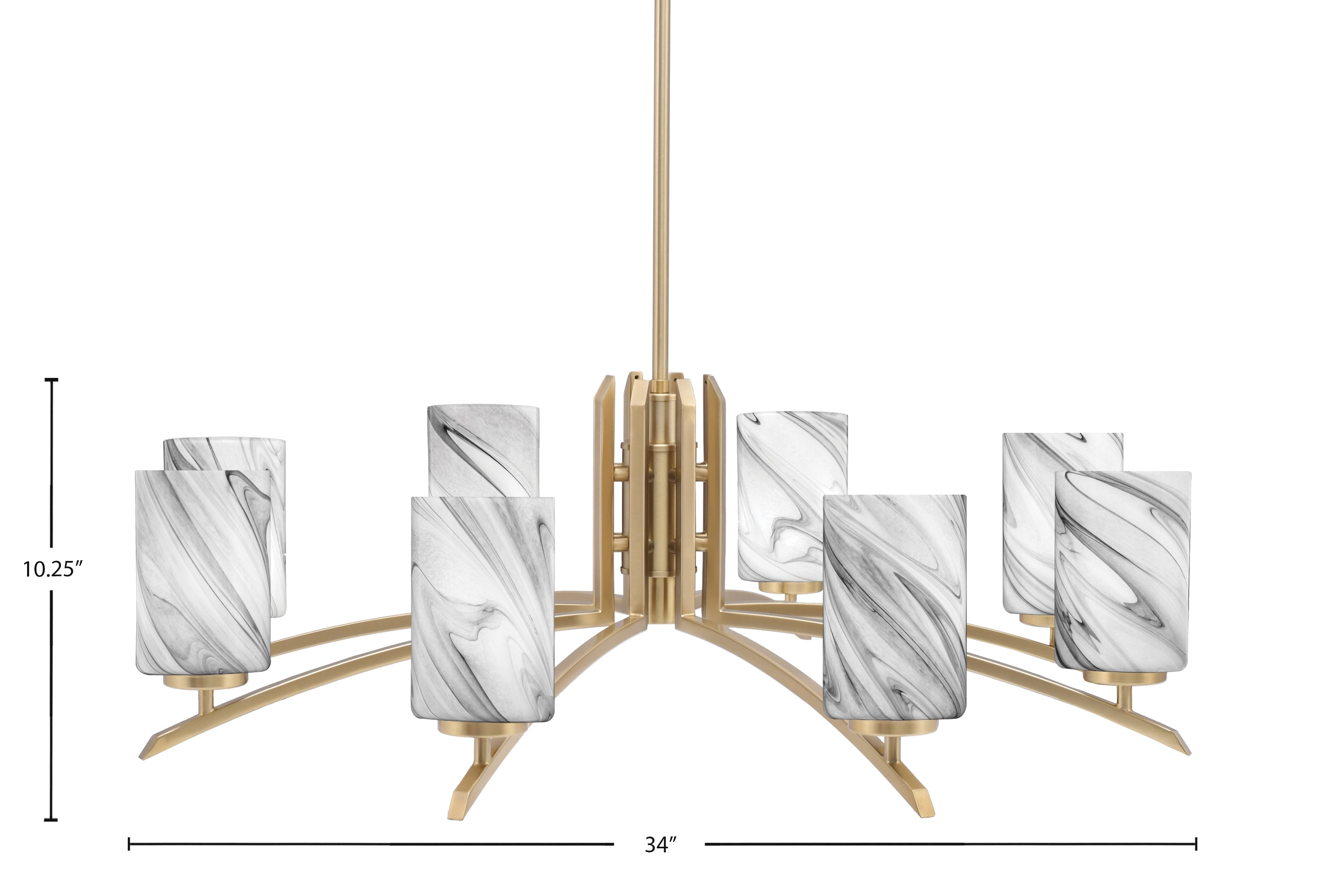 Kurve Eight Light Chandelier in New Age Brass with Onyx Swirl Shade