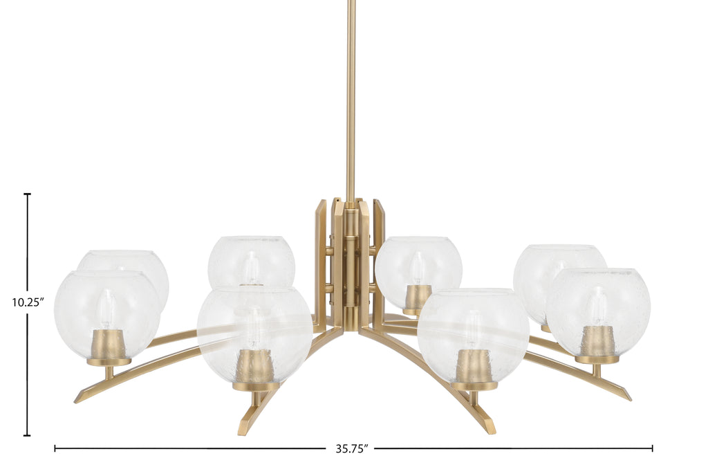 Kurve Eight Light Chandelier in New Age Brass with Clear Bubble Shade