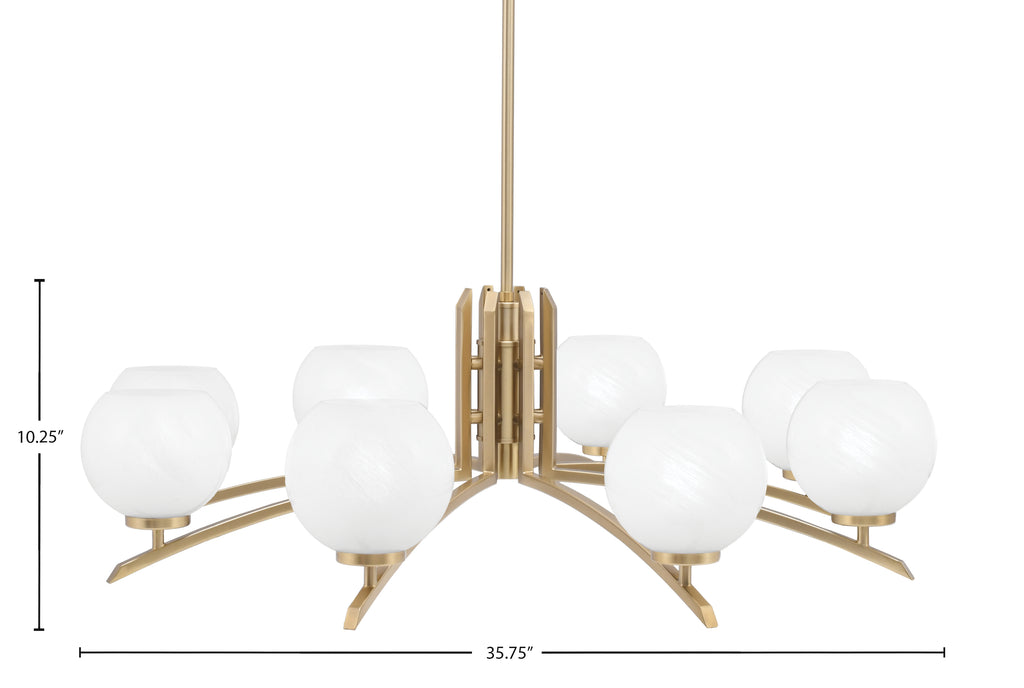 Kurve Eight Light Chandelier in New Age Brass with White Marble Shade