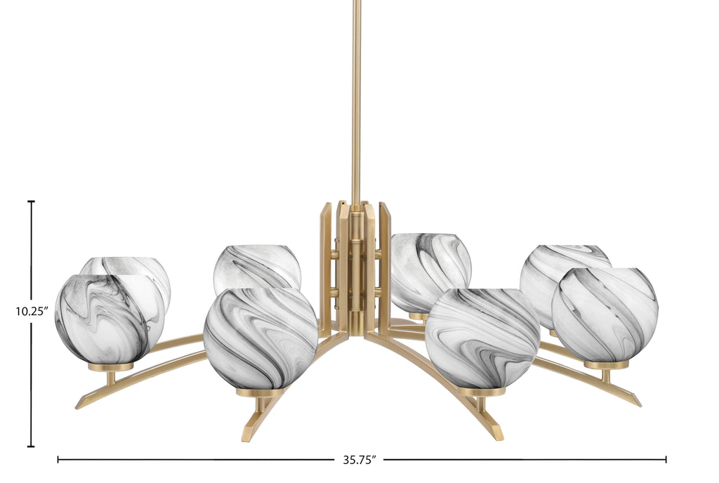 Kurve Eight Light Chandelier in New Age Brass with Onyx Swirl Shade