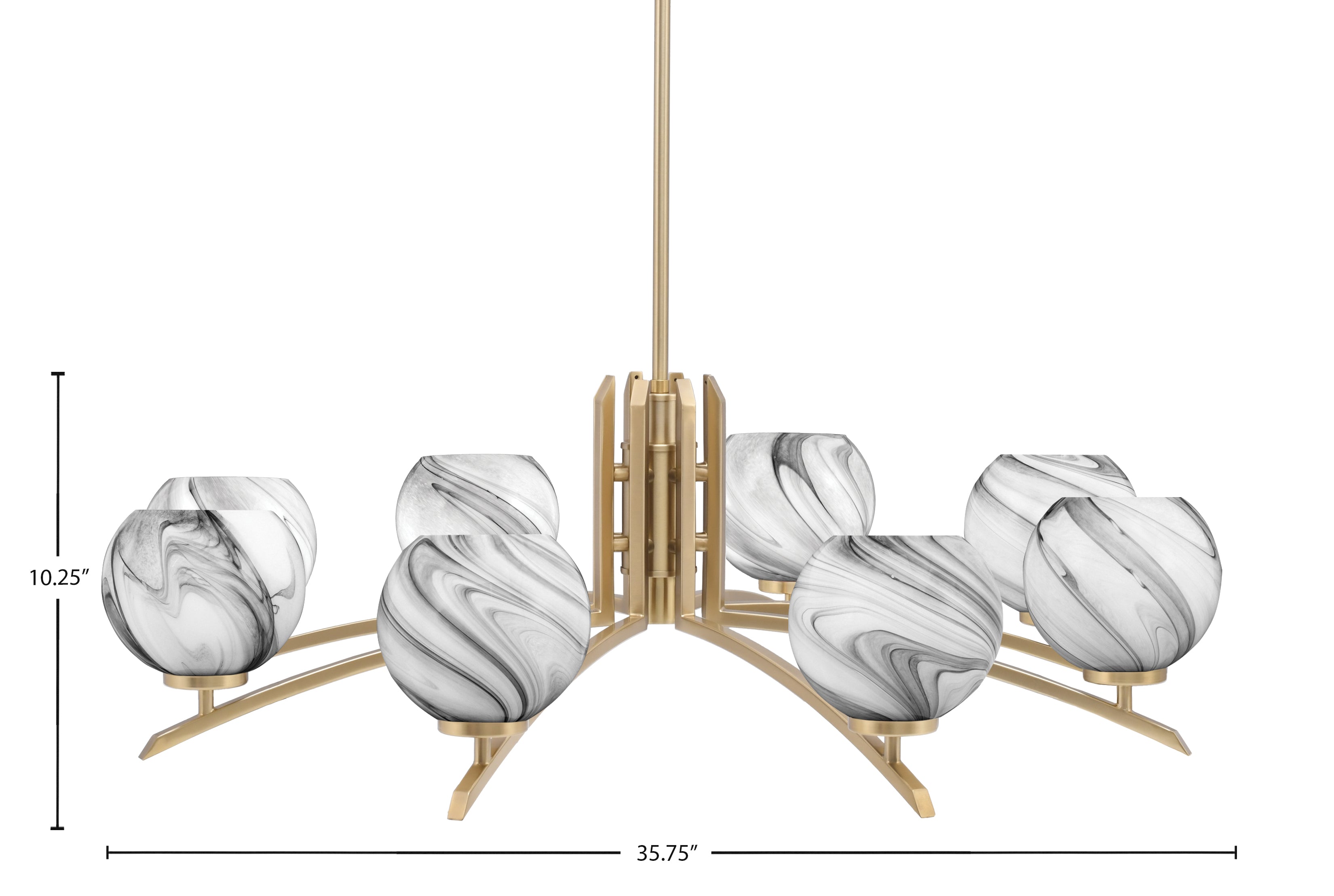 Kurve Eight Light Chandelier in New Age Brass with Onyx Swirl Shade